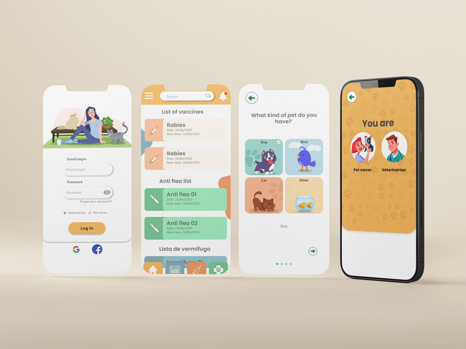 Full-width mockup of the 4Pets app interface